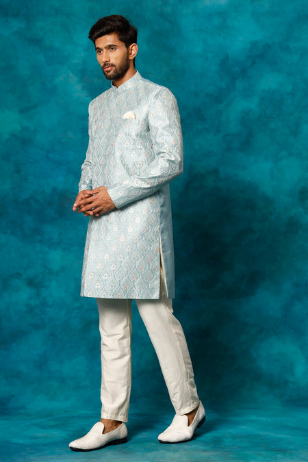VASTRAMAY Men's Mint Green Pastel Embroidered Sherwani Set
